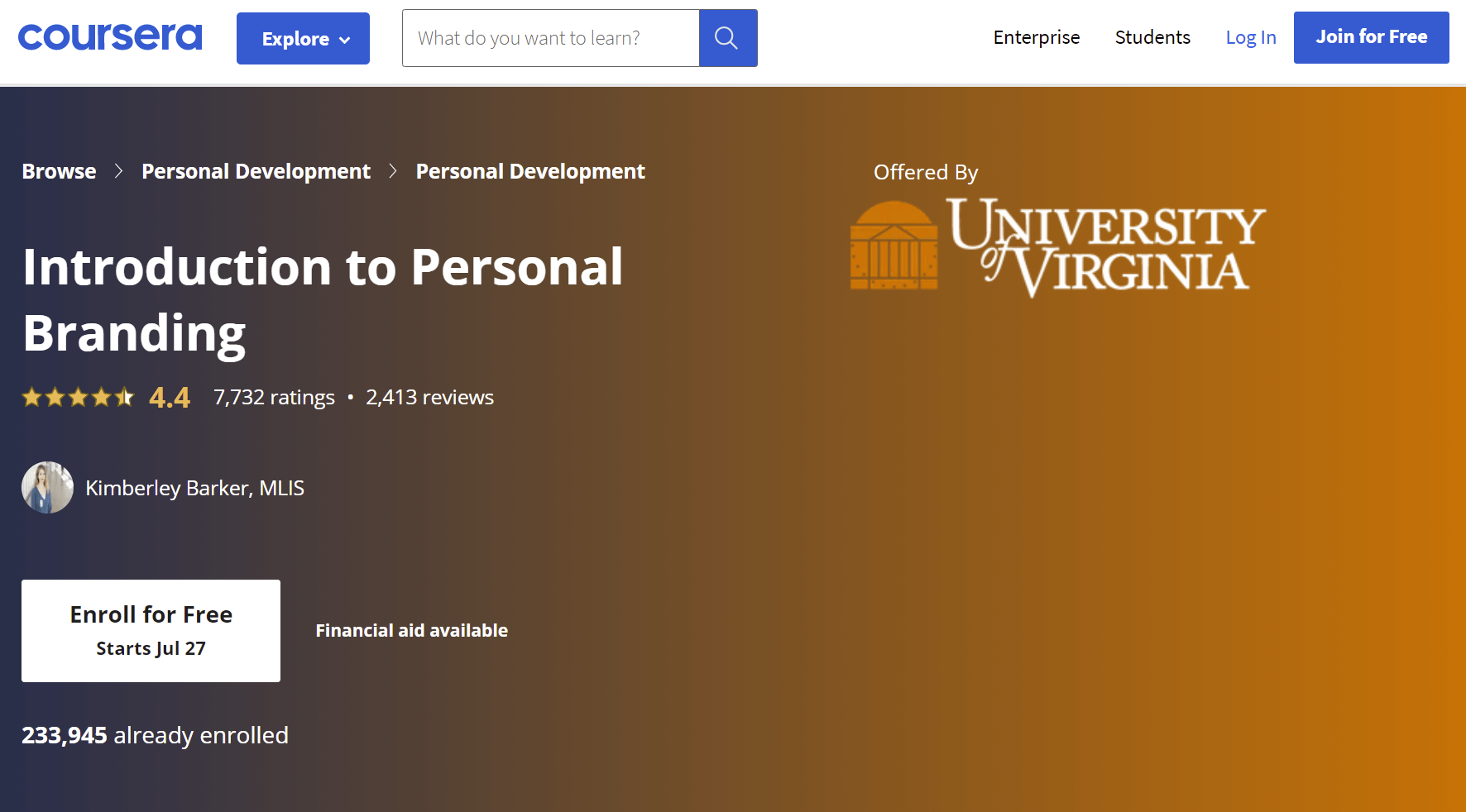 University of Virginia: Introduction to Personal Branding  Overview