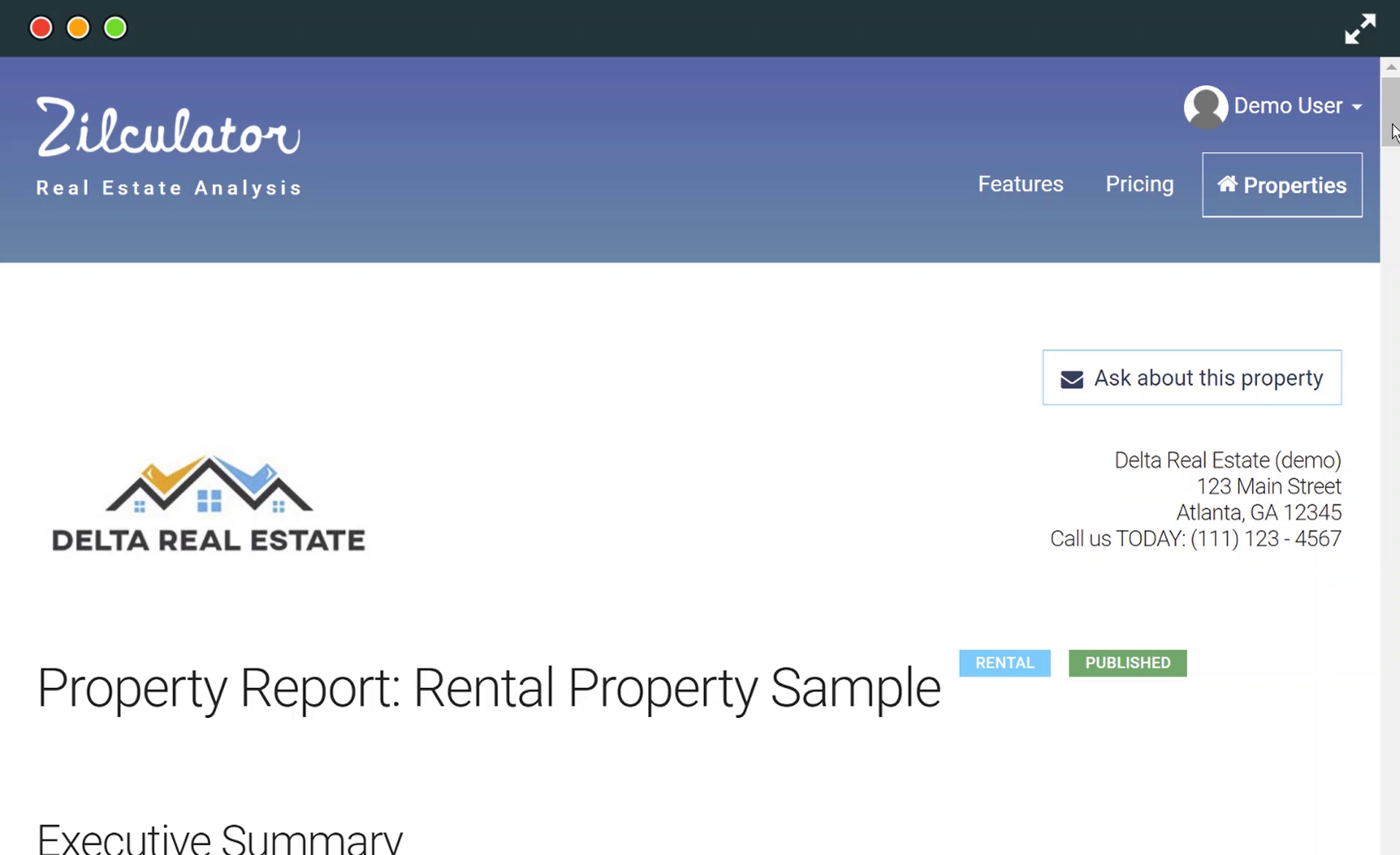 Rental property report sample